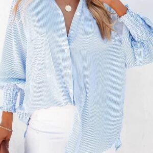 Sky Blue Smocked Cuffed Striped Boyfriend Shirt With Pocket