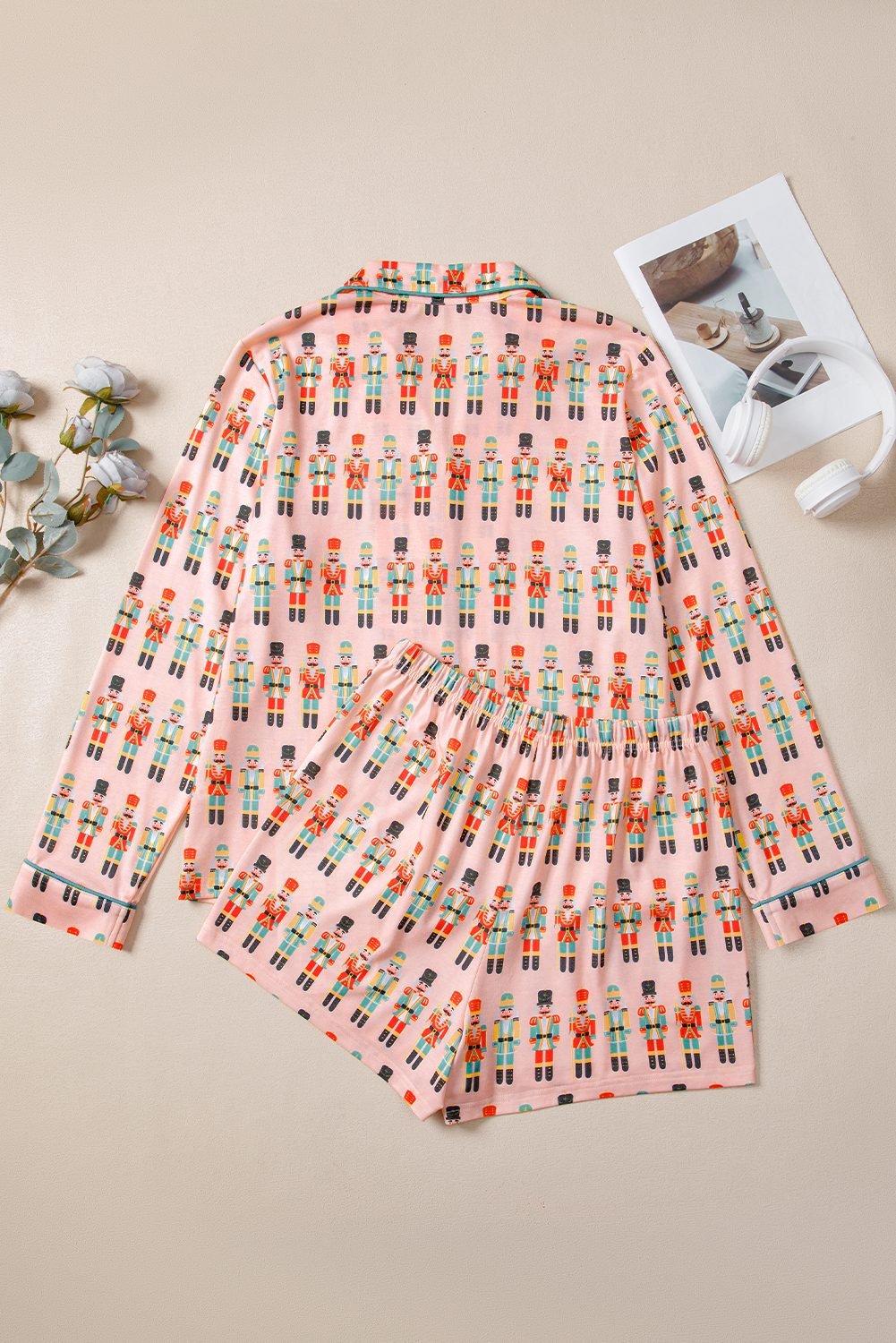 Pink Nutcracker March Long Sleeve Button Up 2Pcs Pajama Short Set