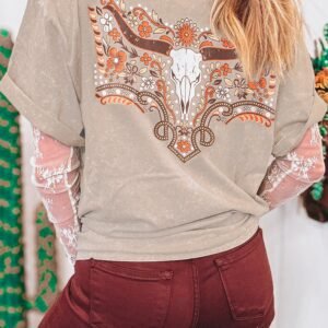 Smoke Gray Mineral Wash Floral Steer Head Printed Back Western Fashion Tee