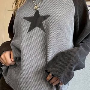 High Waffle Knit Colorblock Star Patch Graphic Raglan Top