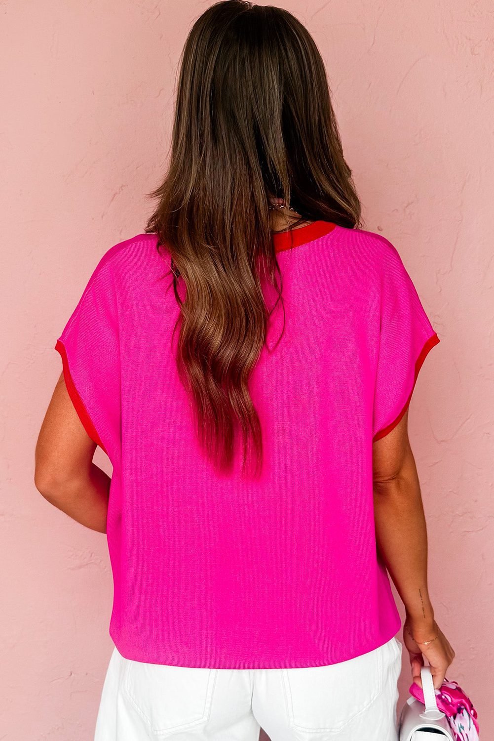 Rose Red Contrast Trim Round Neck Short Sleeve Loose Knit Sweater