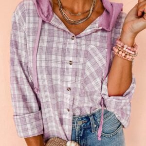 Pink Checkered Print Loose Fit Buttoned Hooded Shacket