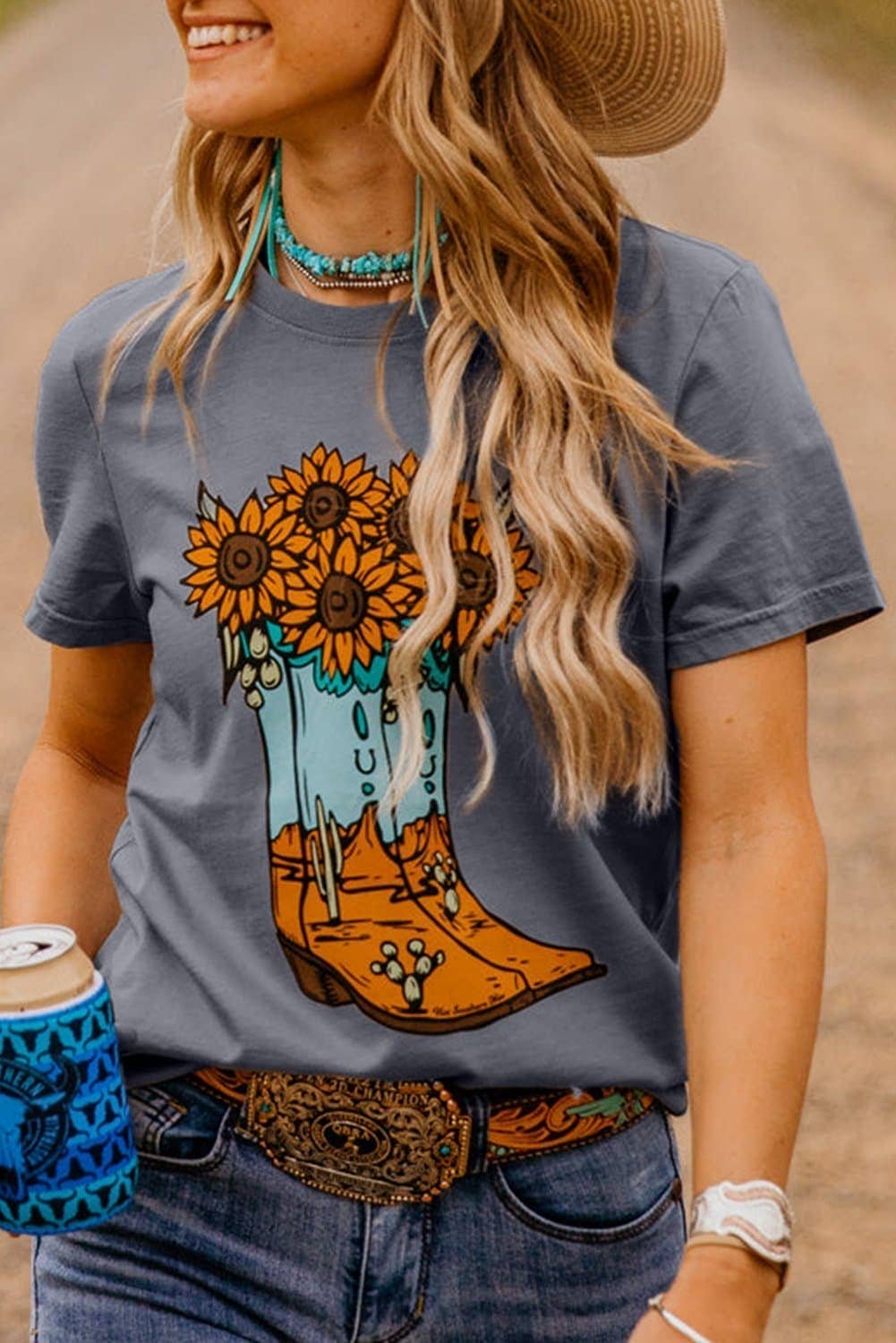 Gray Sunflower Cowgirl Boots Print Western Fashion T Shirt