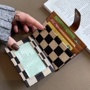 Coffee Leather Checkered Canvas Patchwork Card Storage Wallet