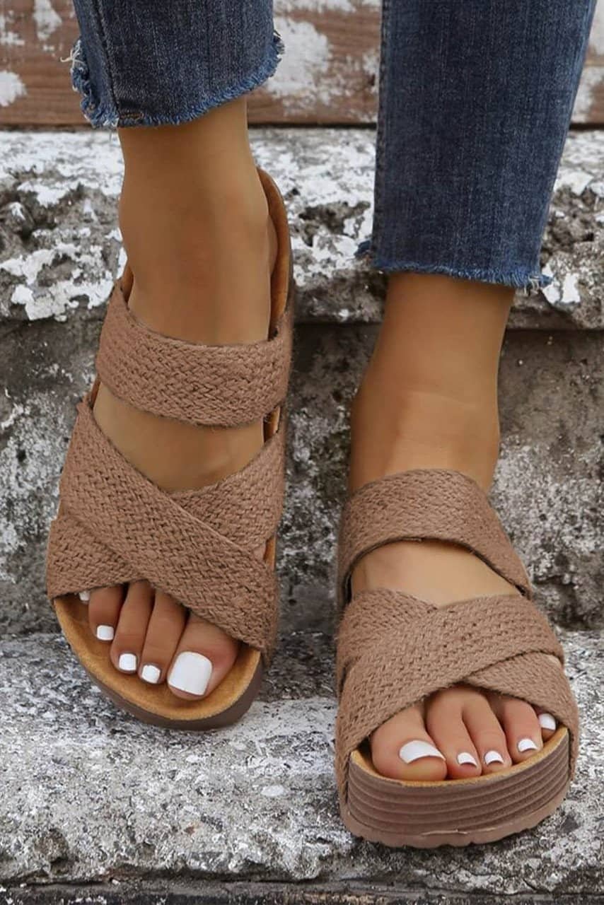 Brown Linen Woven Cross Criss Hollowed Slip-On Slippers