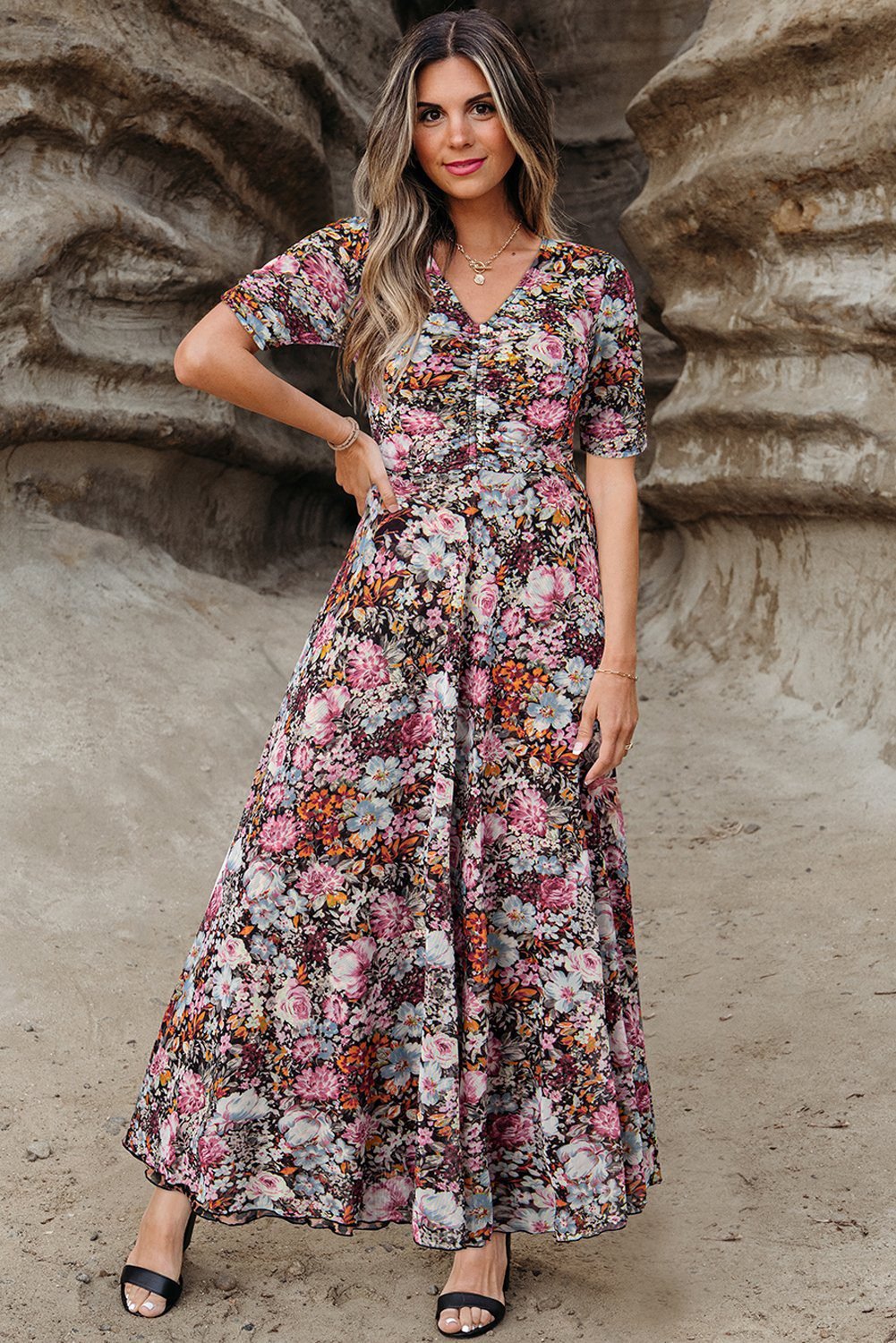 Brown Mesh Leopard Floral Reversible V Neck Short Sleeve Dress