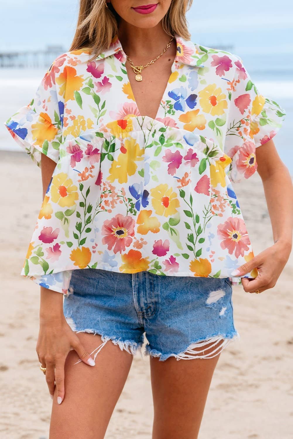 Yellow Floral Boxy Fit Ruffled Short Sleeve V Neck Blouse