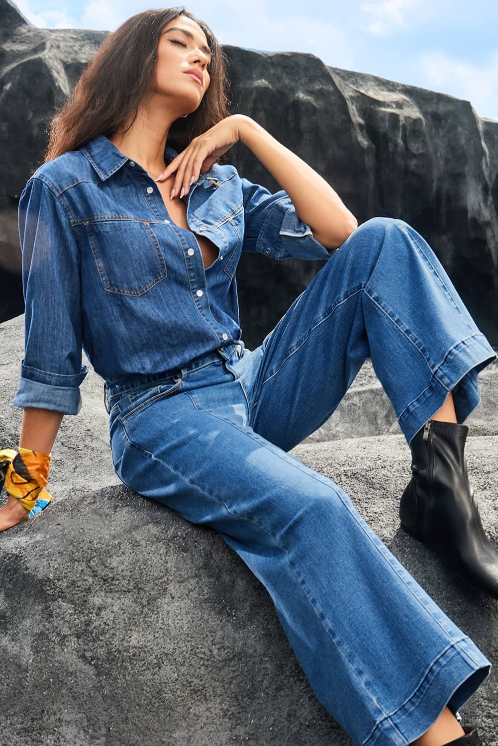 Dark Blue Plain Seam Detail Flared Bottom Ankle Length Jeans