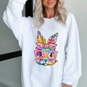 White Floral Rabbit With Glasses Graphic Corded Easter Sweatshirt