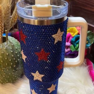Dark Blue Star Shape Rhinestone Handle Large Vacuum Cup 40Oz