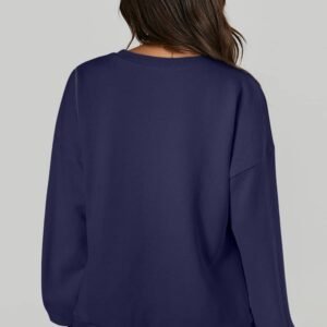 Navy Blue Solid O Neck High Low Hem Pullover Sweatshirt