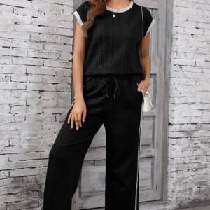 Black Cable Knit Contrast Trim Short Sleeve Top And Pants Set
