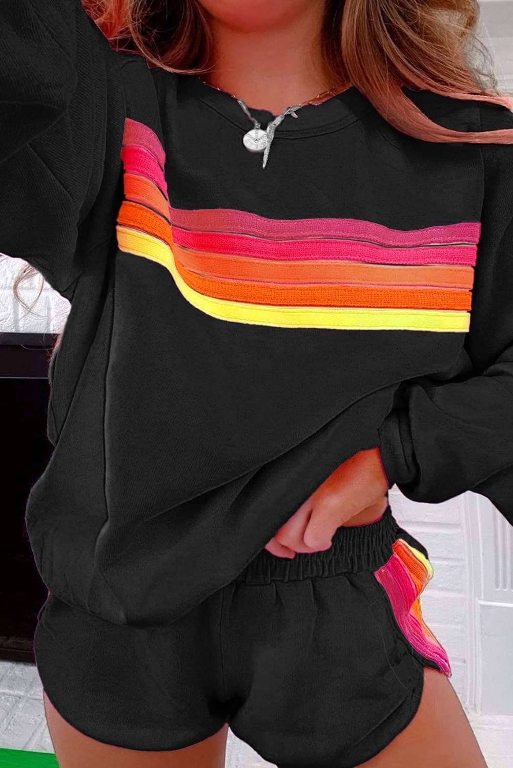 Black Striped Accent Pullover And Shorts Two Piece Casual Set