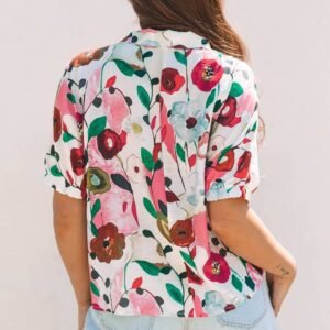 Pink Floral Print Slit V Neck Short Sleeve Blouse