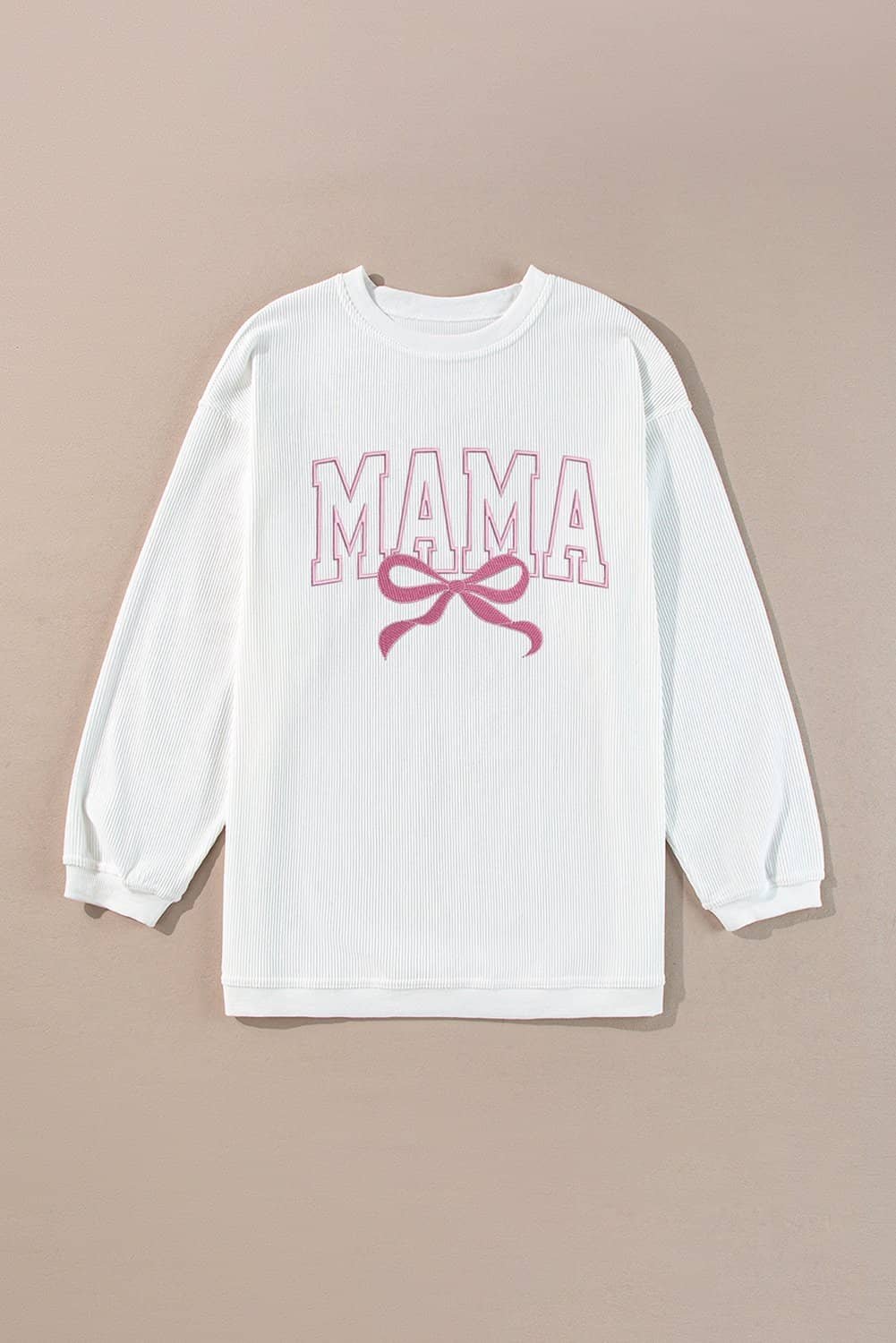 White Mama Bowknot Embroidered Ribbed Pullover Sweatshirt