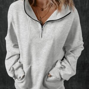 Light Grey Zip-Up Stand Neck Kangaroo Pocket Sweatshirt