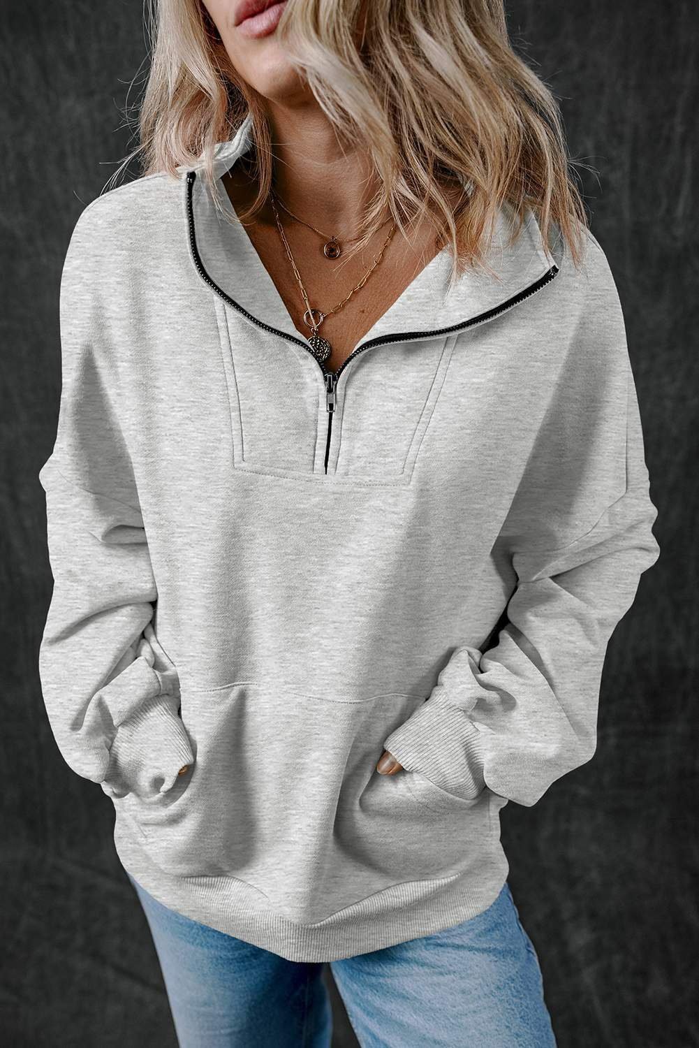 Light Grey Zip-Up Stand Neck Kangaroo Pocket Sweatshirt