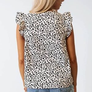 Leopard Ruffle Sleeve Embellished V-Neck Blouse