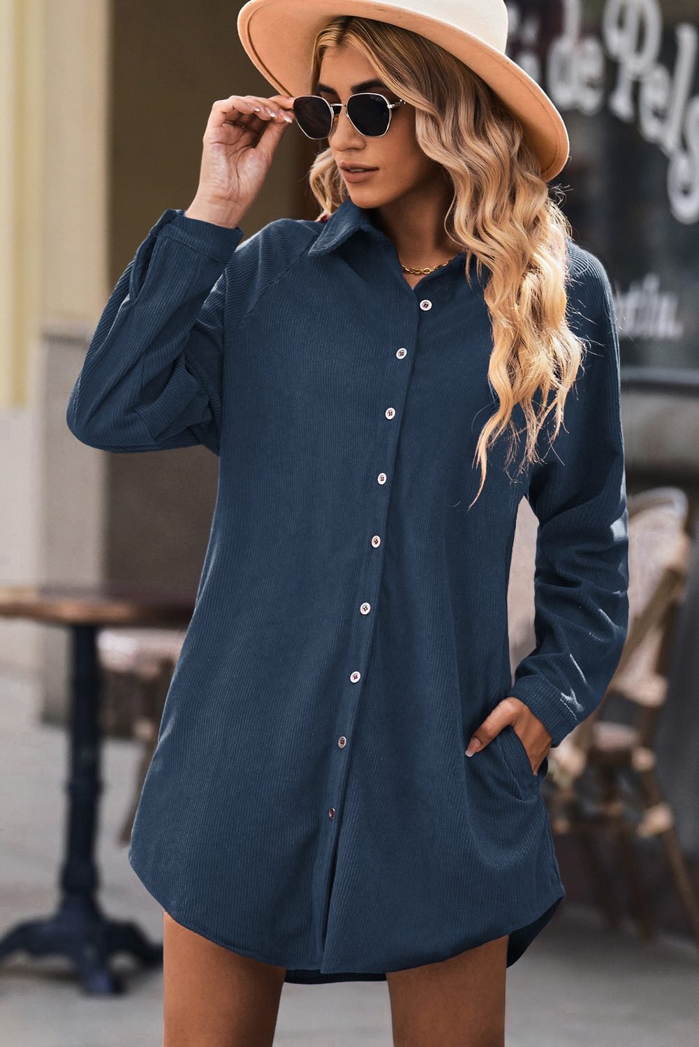 Blue Corduroy Shirt Style Full Button Long Sleeve Shift Mini Dress