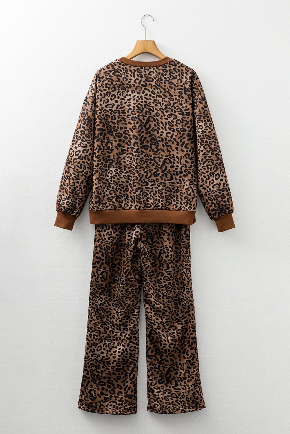 Coffee Leopard Print Contrast Trim Long Sleeve Top And Pants Set