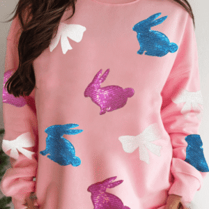 Pink Easter Bunny Bow Knot Sequined Crewneck Graphic Sweatshirt