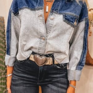 Dusk Blue Color Block Patchwork Flap Detail Distress Denim Jacket