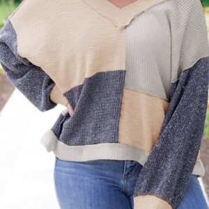 Ashleigh Blue Plus Size Textured Colorblock Patchwork V Neck Top