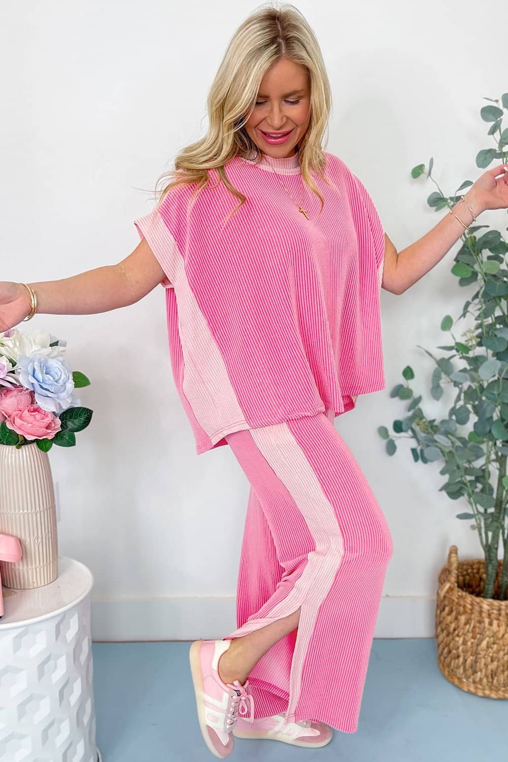 Sachet Pink 2-Tone Colorblock Patchwork Corded 2Pcs Outfit