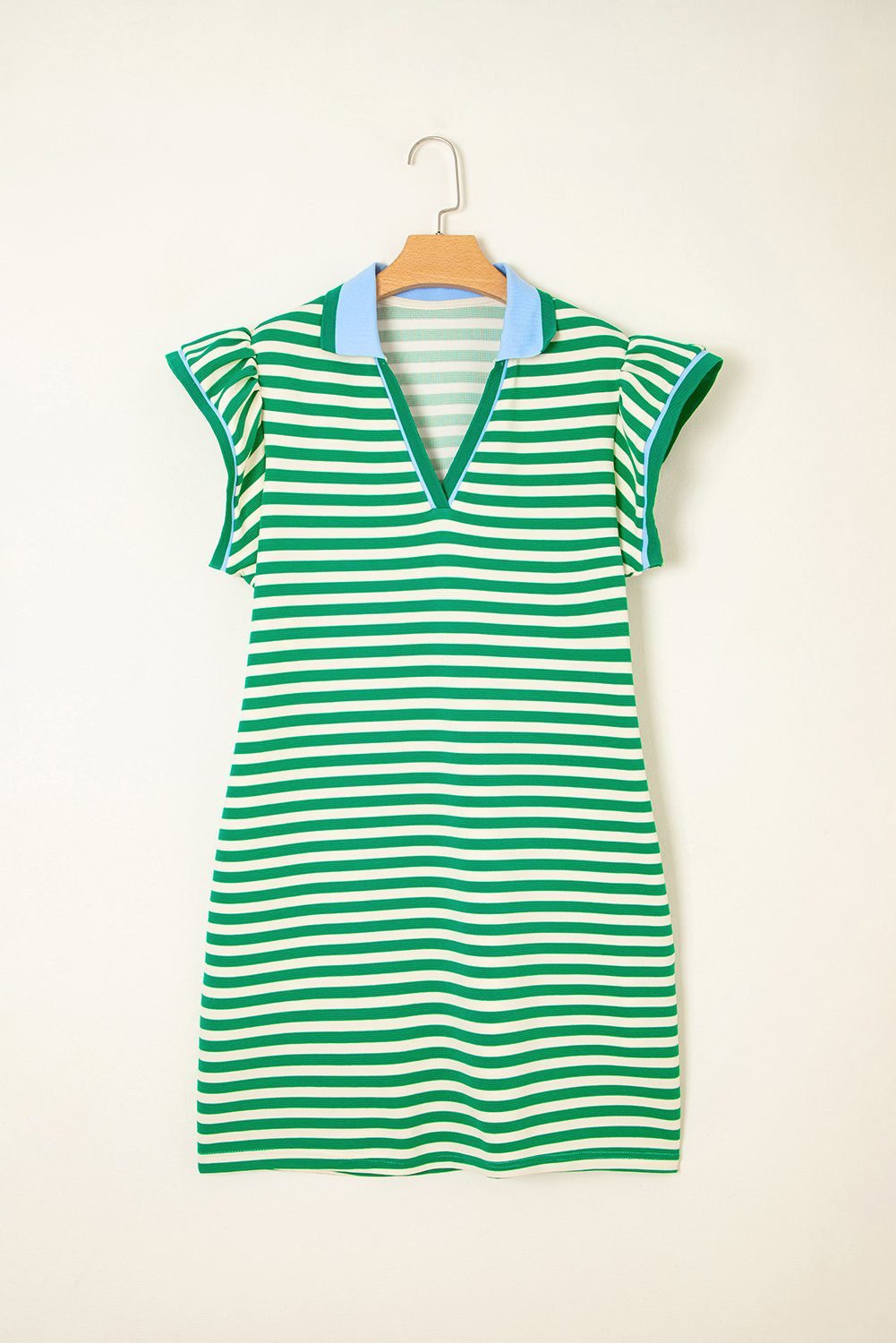 Green Stripe Print Contrast Collar Split Neck Flutter Sleeve Short Dress