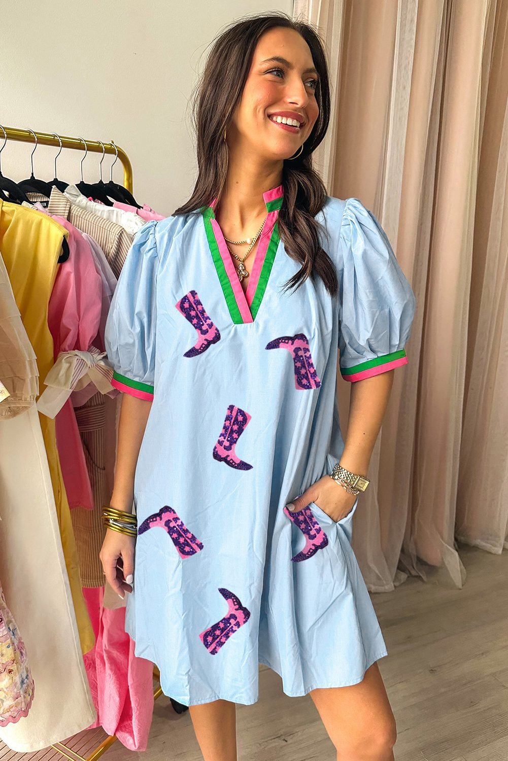 Myosotis Sequined Cowgirl Boots Pattern Contrast V Neckline Half Puff Sleeve Dress