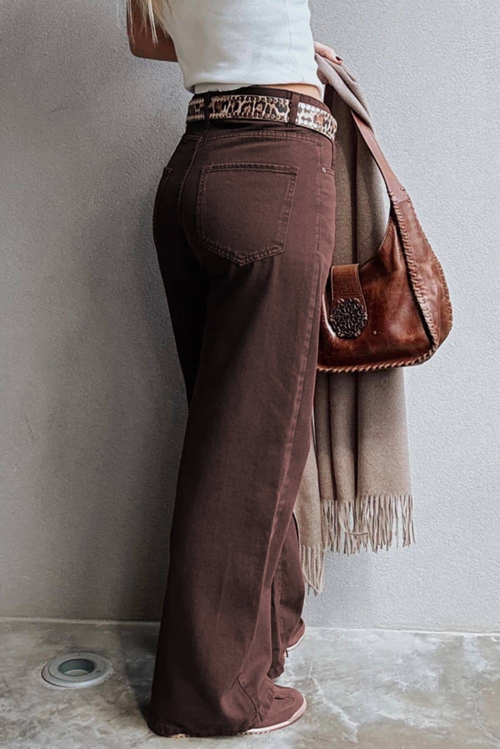 Coffee Loose Straight High Waist Solid Color Jeans