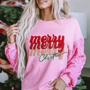 Pink Merry Christmas Graphic Sequin Sleeve Patchwork Top