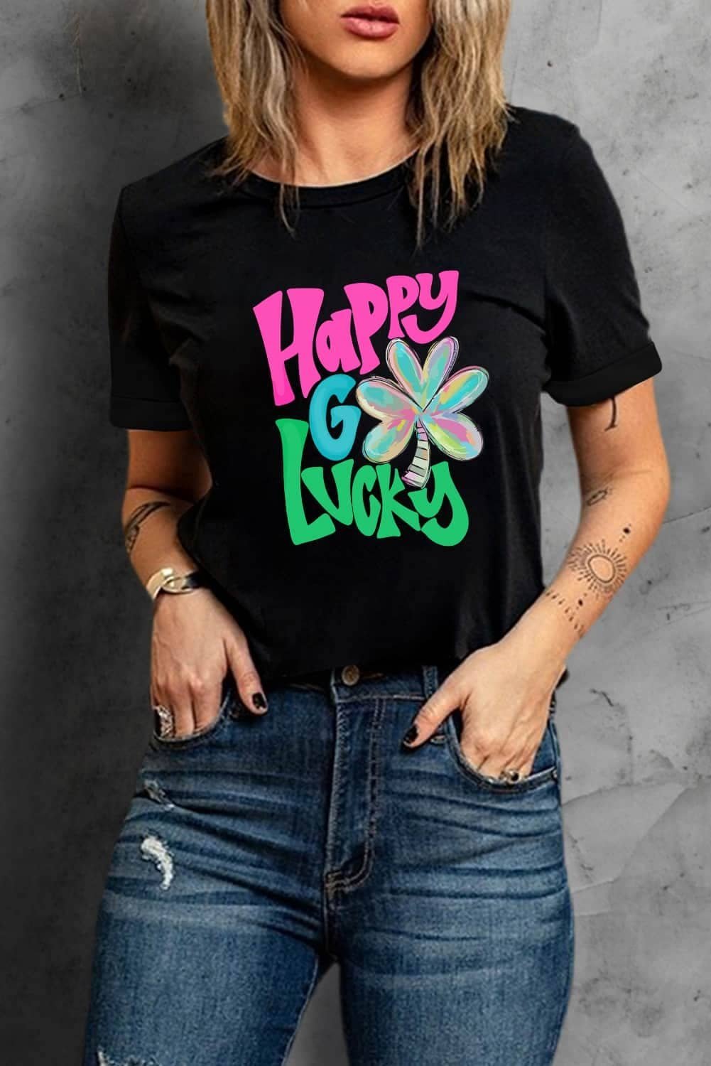 Black Happy Go Lucky Clover Print Crew Neck T Shirt