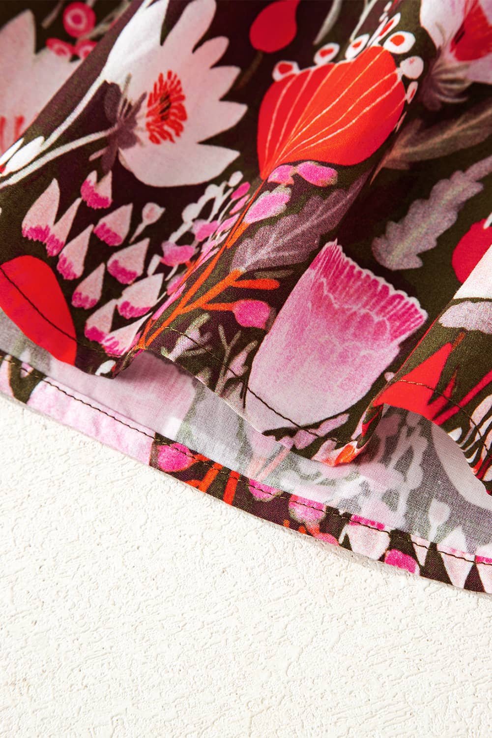 Red Floral Three Quarter Sleeve Lace-Up Neck Blouse