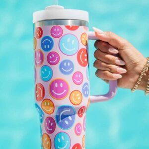 Fiery Red Rainbow Smiley Face Pattern Tumbler With Straw 40Oz