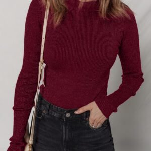 Red Dahlia Metal Ribbed Knit Long Sleeve Slim Fit Top