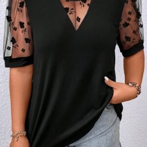Black Floral Mesh Patchwork Loose V Neck Plus Size T Shirt