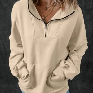 Smoke Gray Zip-Up Stand Neck Kangaroo Pocket Sweatshirt
