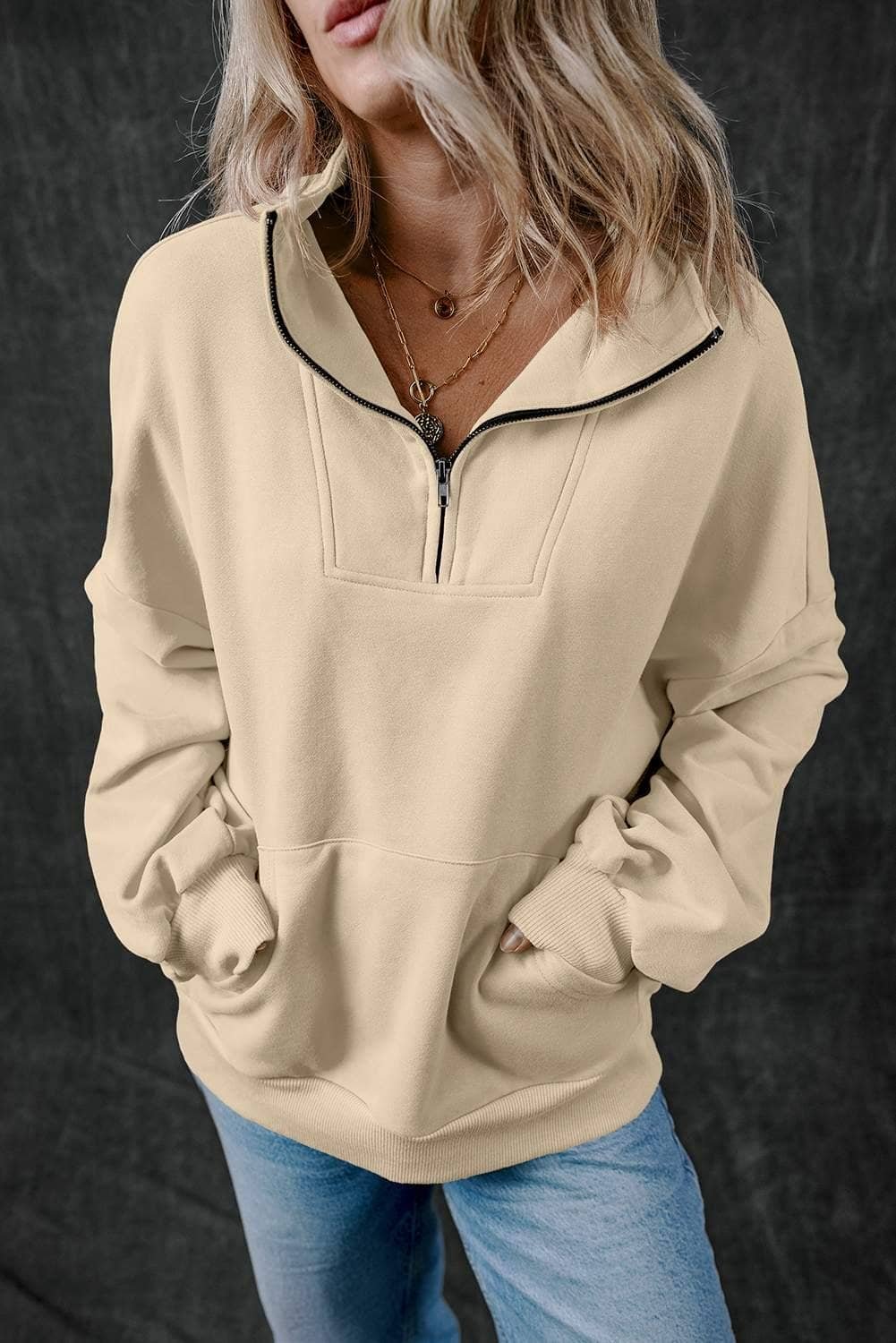 Smoke Gray Zip-Up Stand Neck Kangaroo Pocket Sweatshirt