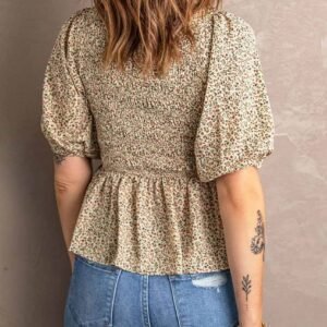 Floral Print Puff Sleeve Smocked Top
