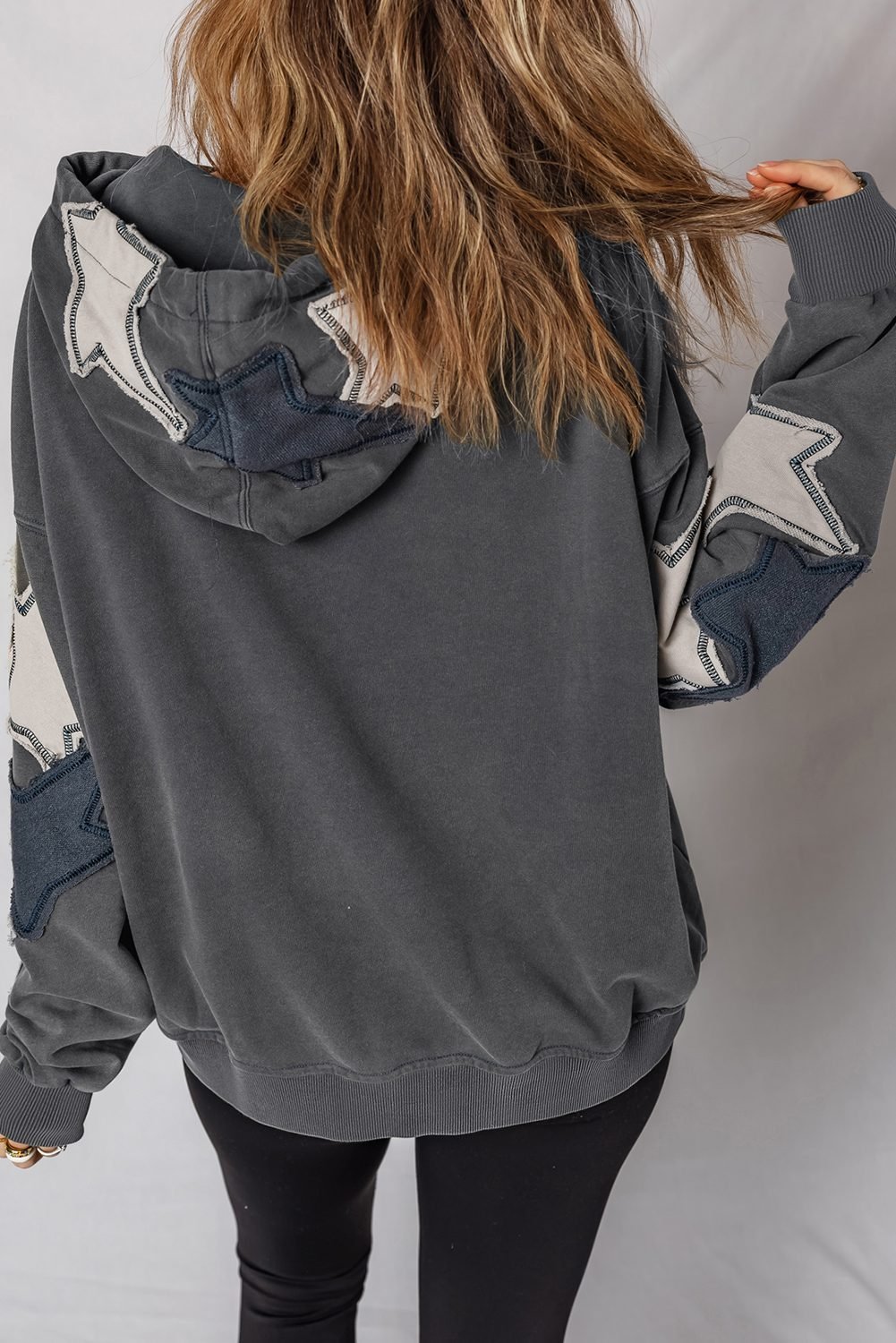 Carbon Grey Star Patchwork Contrast Stitching Mineral Wash Kangaroo Pocket Vintage Hoodie
