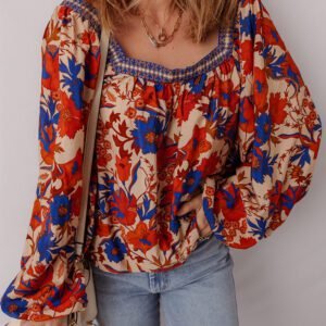 Multicolour Floral Print Square Neck Backless Loose Fit Blouse