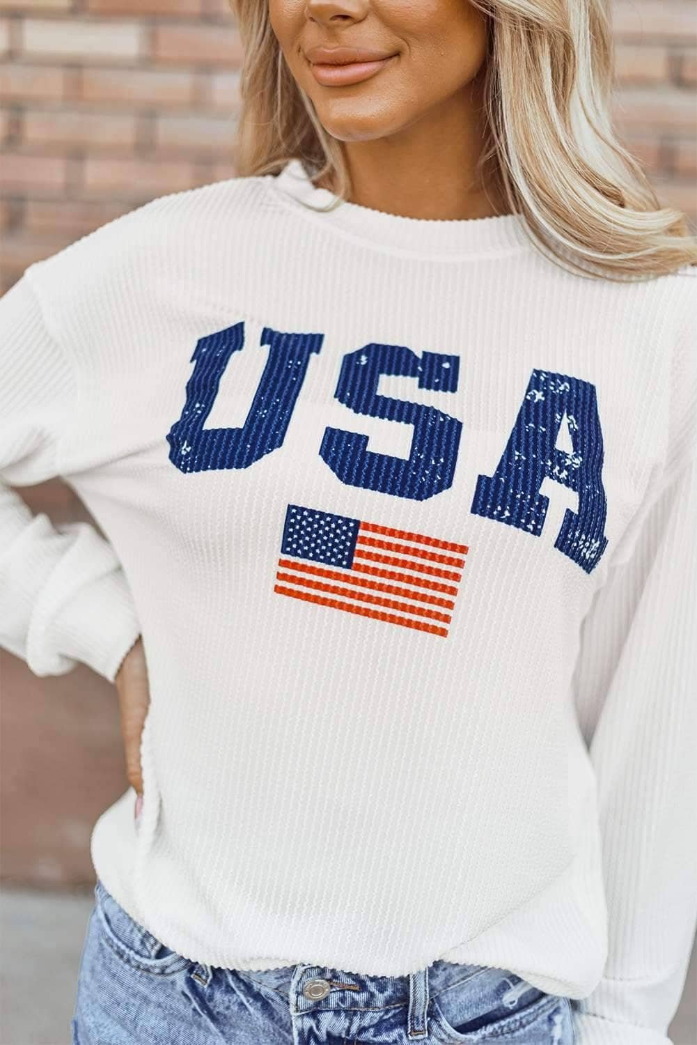 White Usa Flag Corded Graphic Sweatshirt