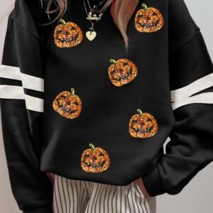 Black Halloween Pumpkin Face Sequin Patched Oversize Varsity Sweatshirt