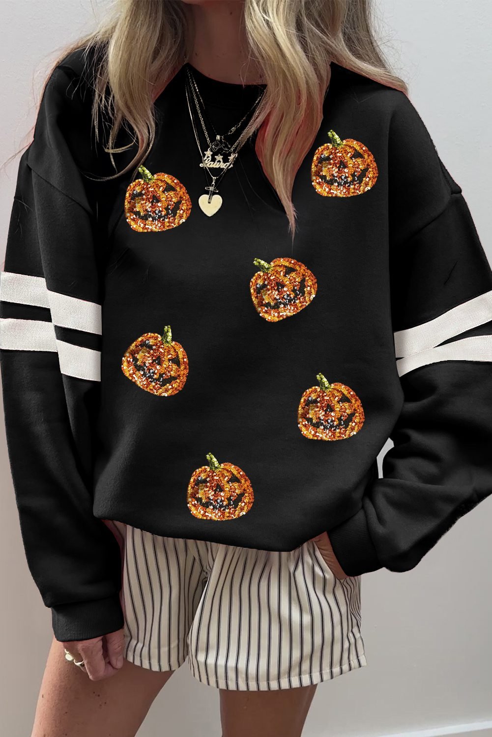 Black Halloween Pumpkin Face Sequin Patched Oversize Varsity Sweatshirt