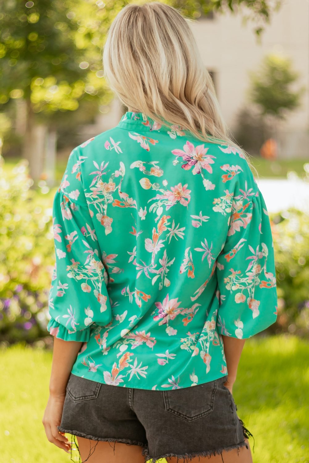 Green Floral Lantern Sleeve Button Front Shirt