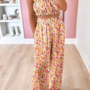 Pink Boho Floral Bandeau Top And High Waist Wide Leg Pants Set