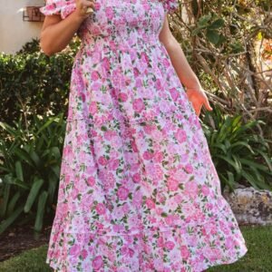 Pink Plus Size Floral Print Smocked Puff Sleeve Dress