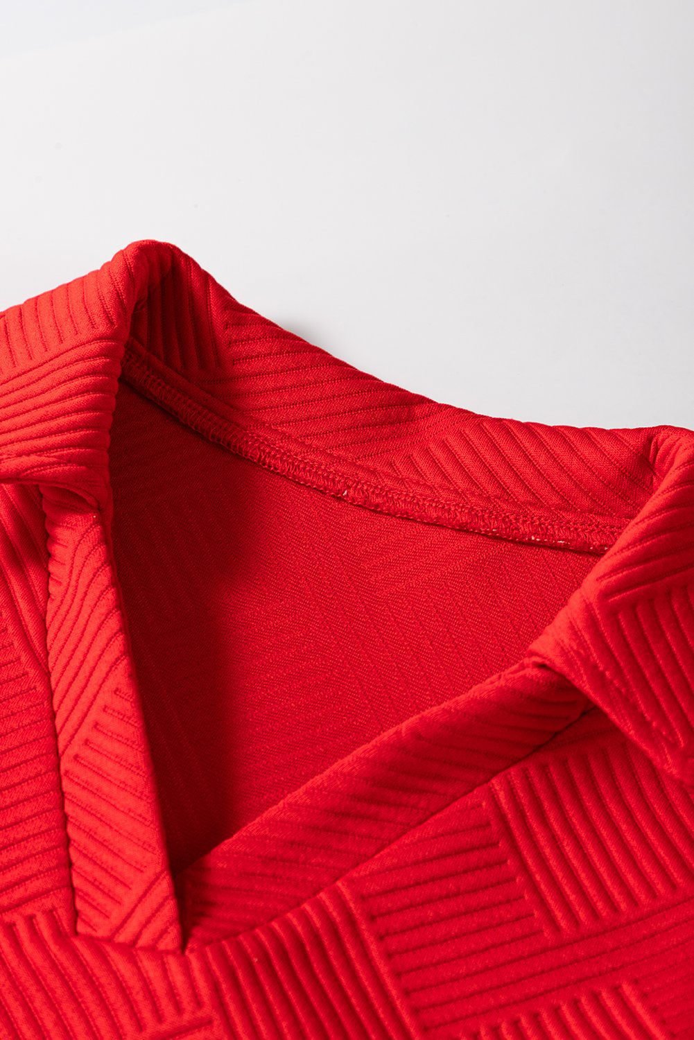 Fiery Red Textured Collared V Neck Puff Short Sleeve Shift Mini Dress