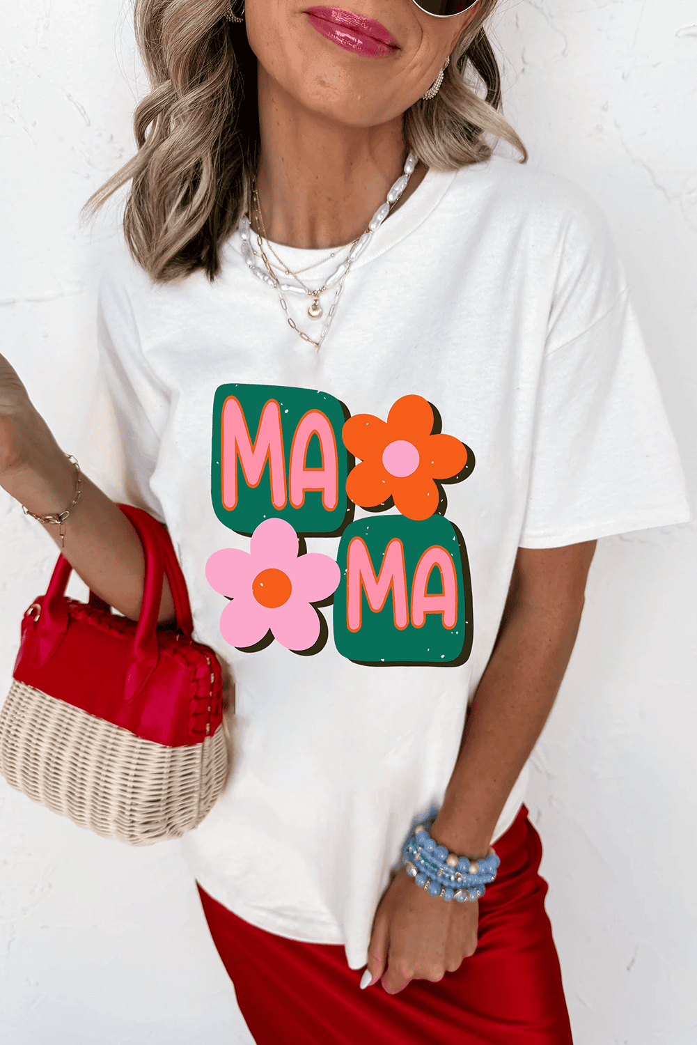 White Mama Flower Graphic Crewneck Tee